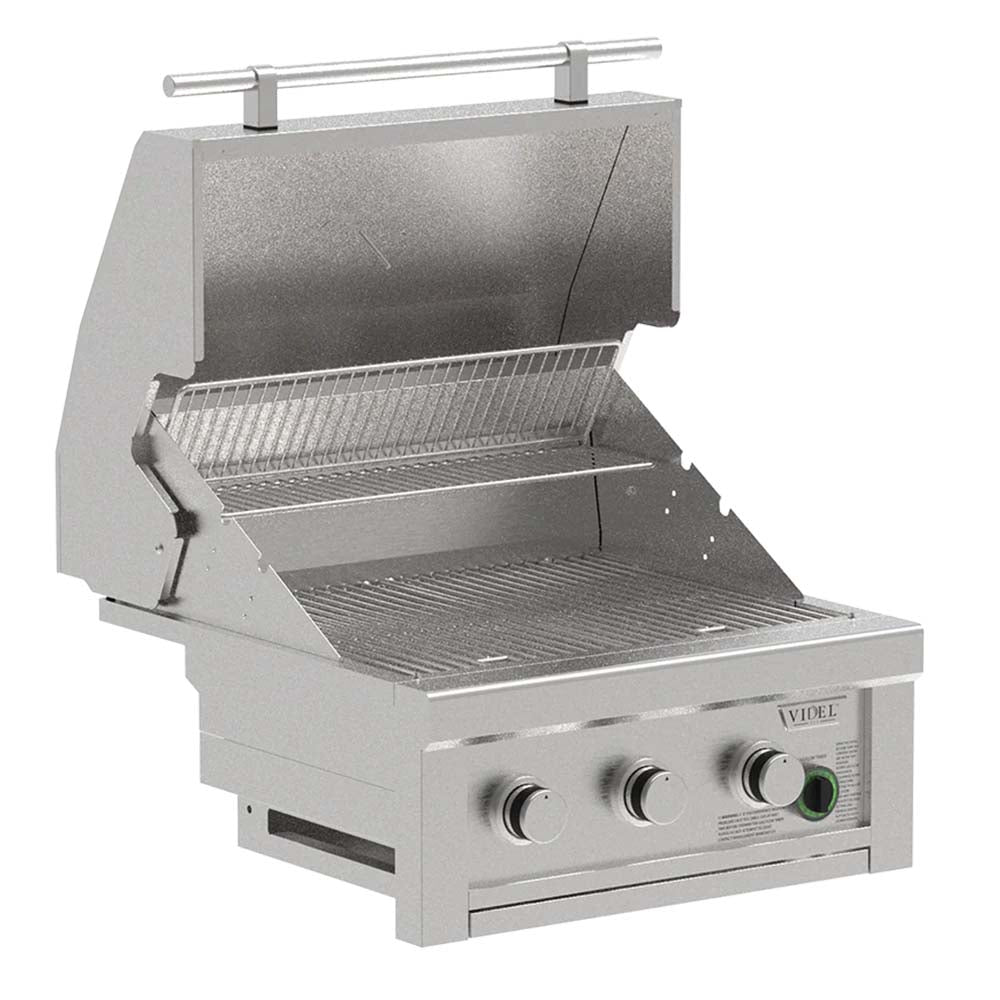 Stainless commercial gas grill with open hood, cooking grates, and control area