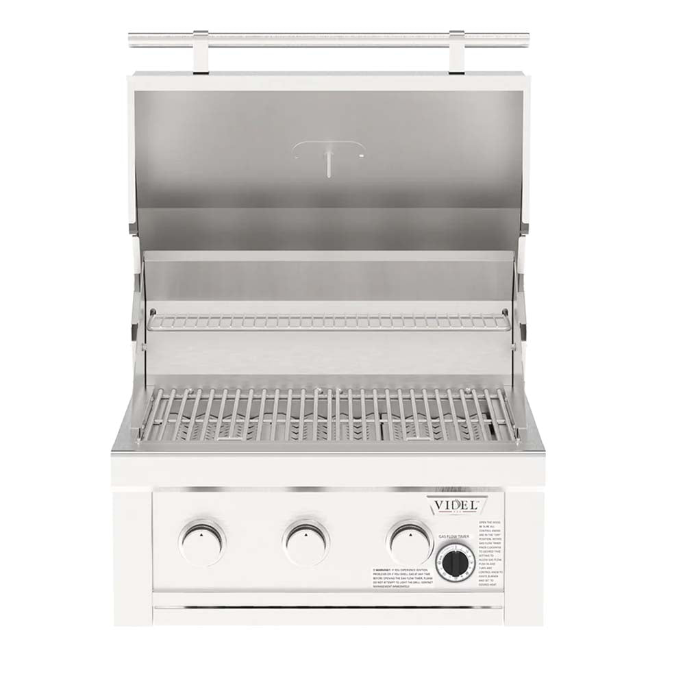 Stainless commercial gas grill with open hood and front cooking grates
