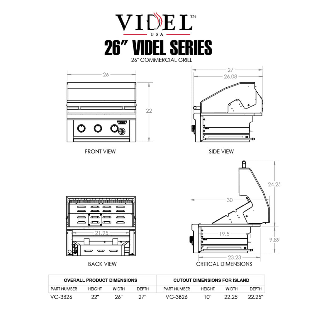 VIDEL 26-inch commercial grill dimensions diagram with front and side measurements