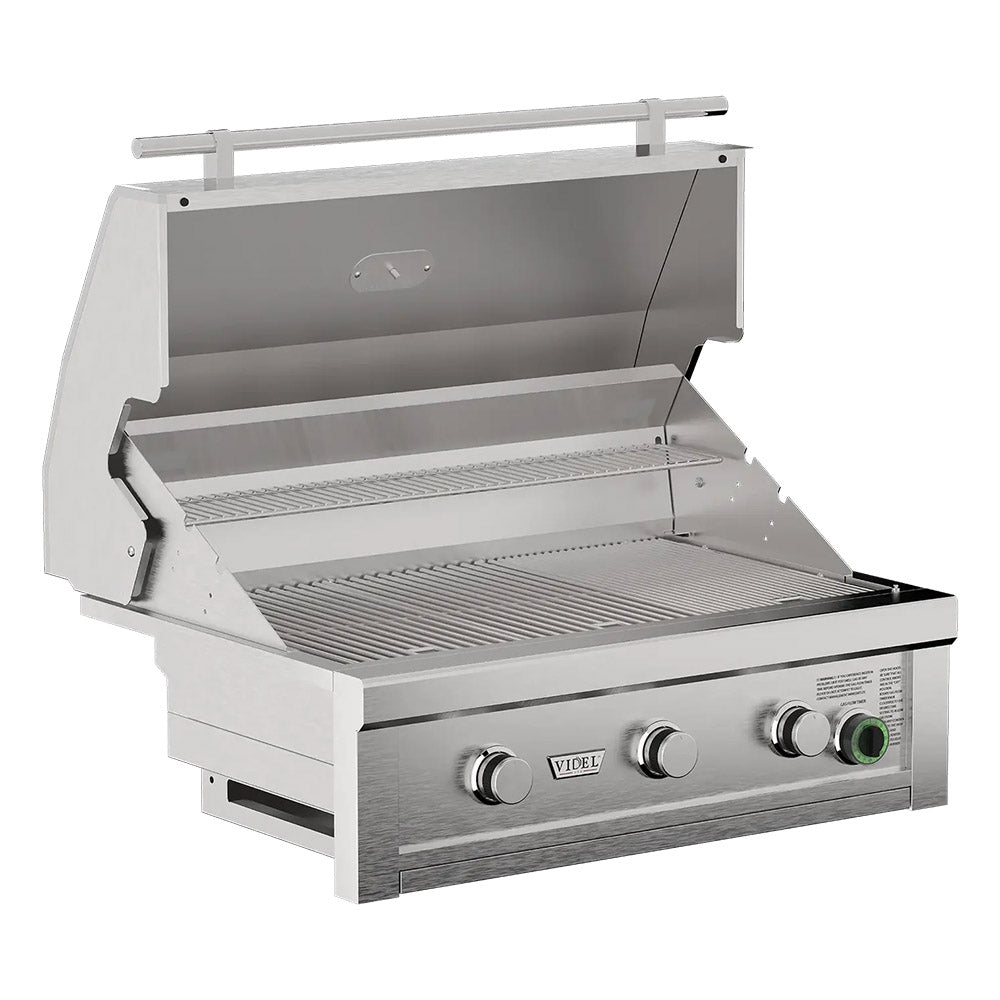 Stainless 36-inch built-in gas grill with open lid and three burner knobs