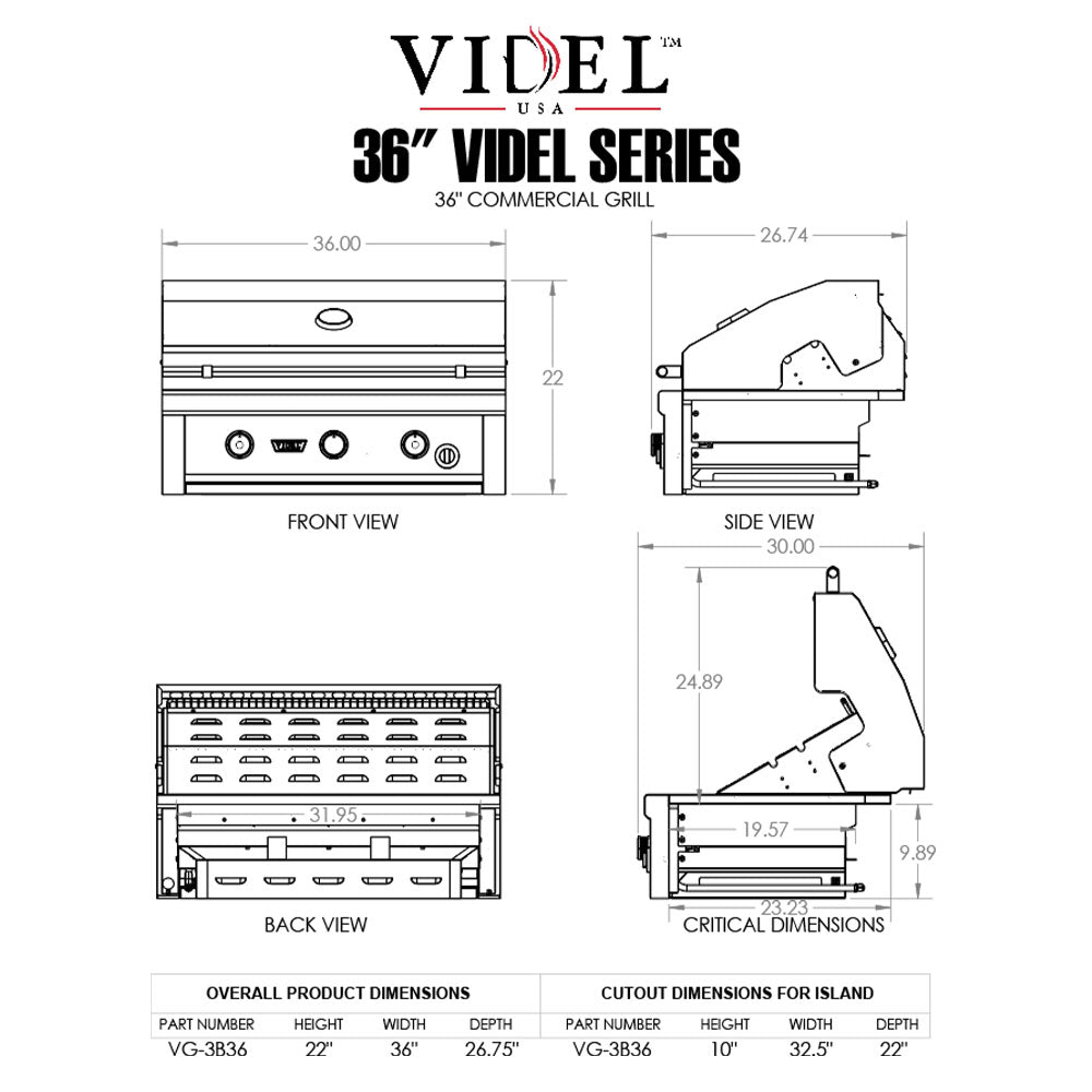 36-inch commercial 3-burner built-in gas grill layout with dimensions
