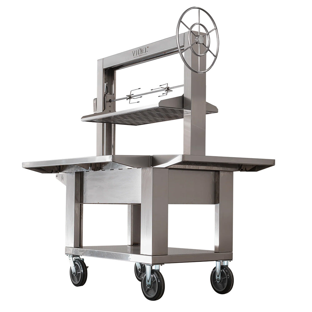 Stainless steel freestanding grill cart with rotisserie wheel and side prep shelves