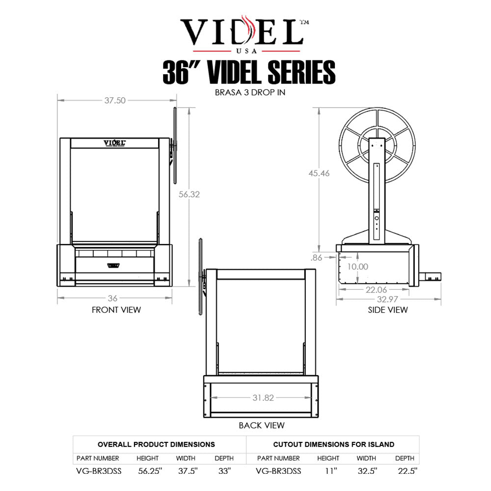 Videl USA stainless steel drop-in grill, front/side/back dimension diagram