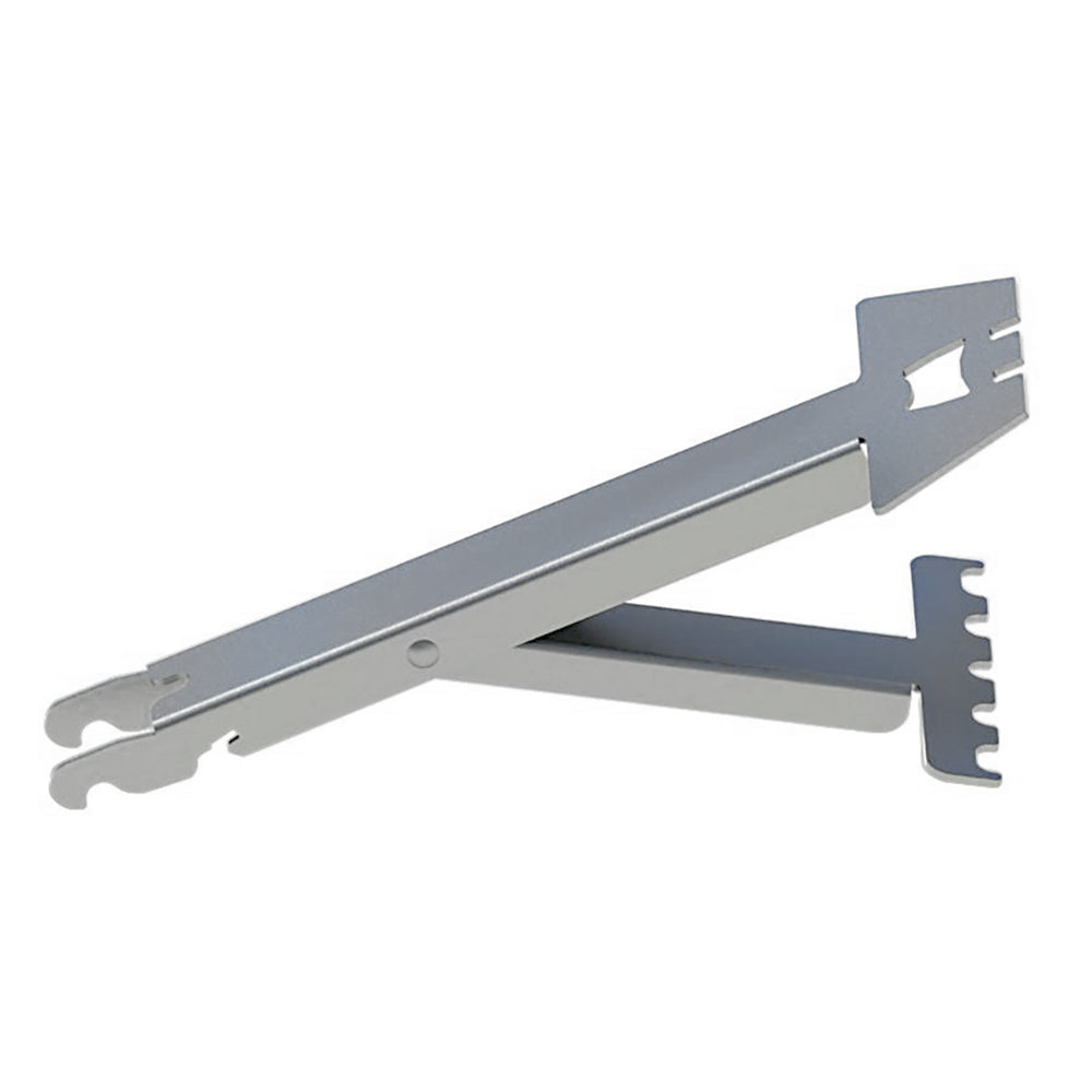 Metal grill multi tool with notched scraper ends and hanging hole