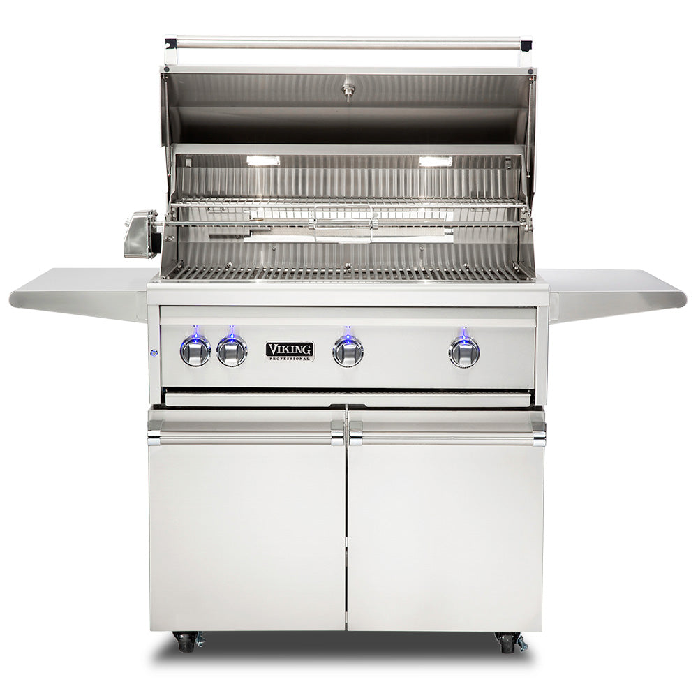 Stainless steel gas grill cart with open lid showing burners and warming rack