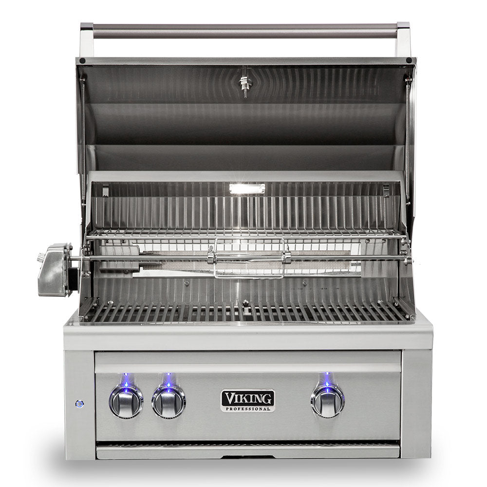 Open stainless built-in gas grill with grates and control panel on front