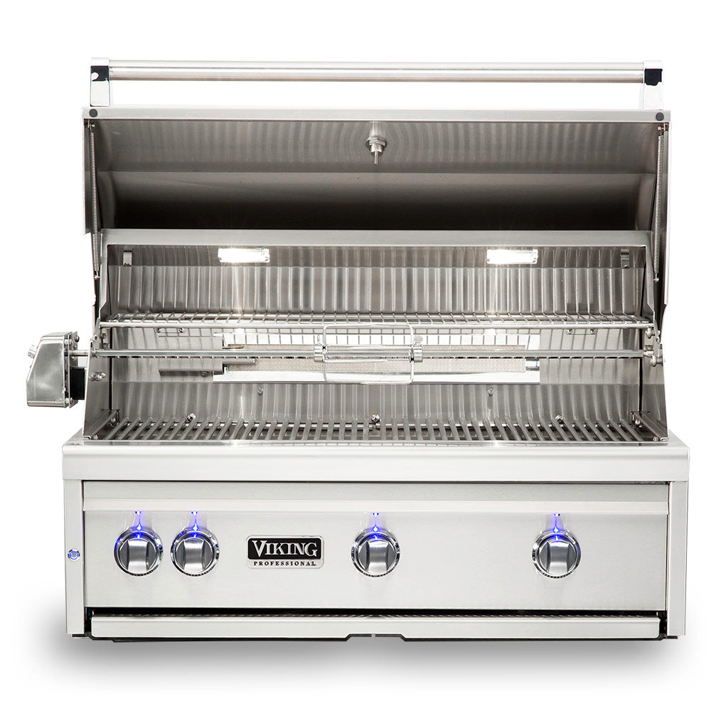 Built-in gas grill with lid open, stainless burners and cooking grates visible.