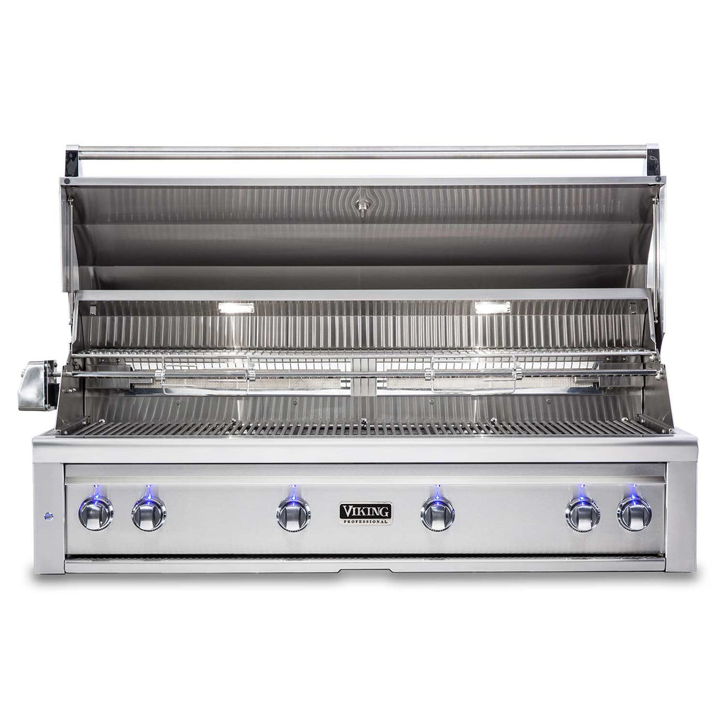 Open stainless steel built-in gas grill with cooking grates and burner area exposed