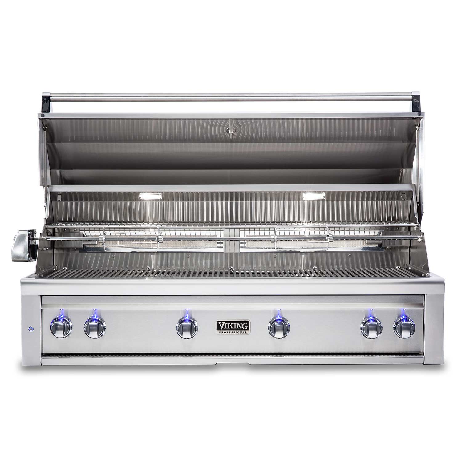 Open stainless steel built-in gas grill with cooking grates and burner area exposed