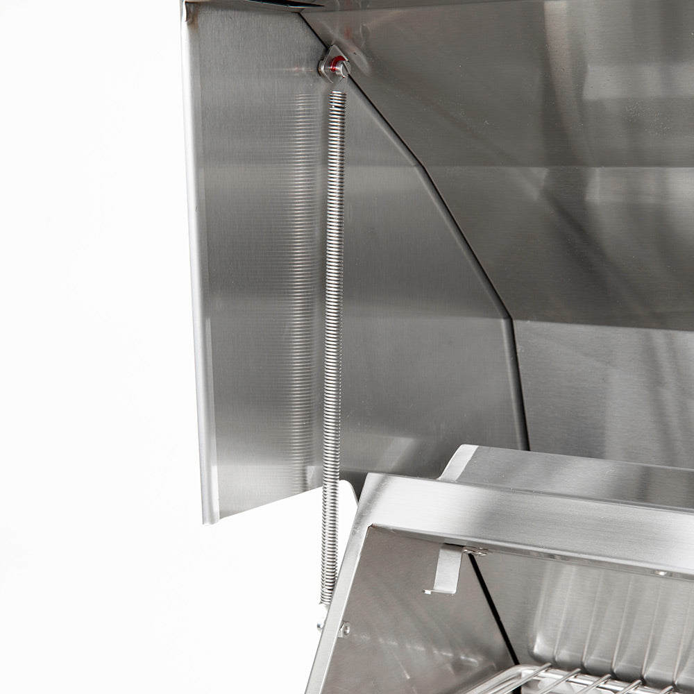 Stainless steel rotisserie mounting bracket and spring in grill hood