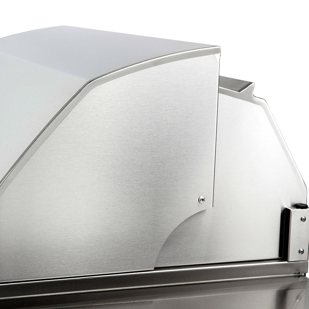 Stainless steel grill hood with side cover and hinge hardware.
