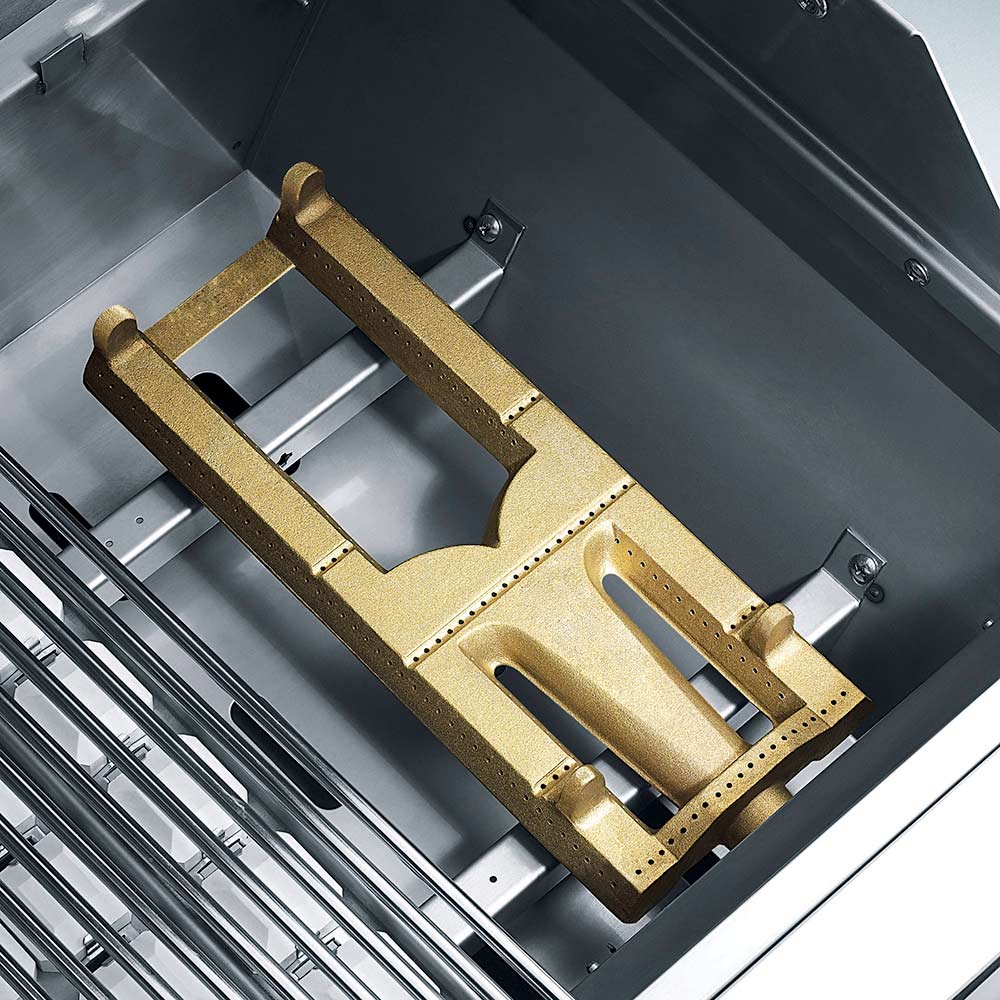 Stainless rotisserie burner assembly with mounting rails and heat plate inserts.