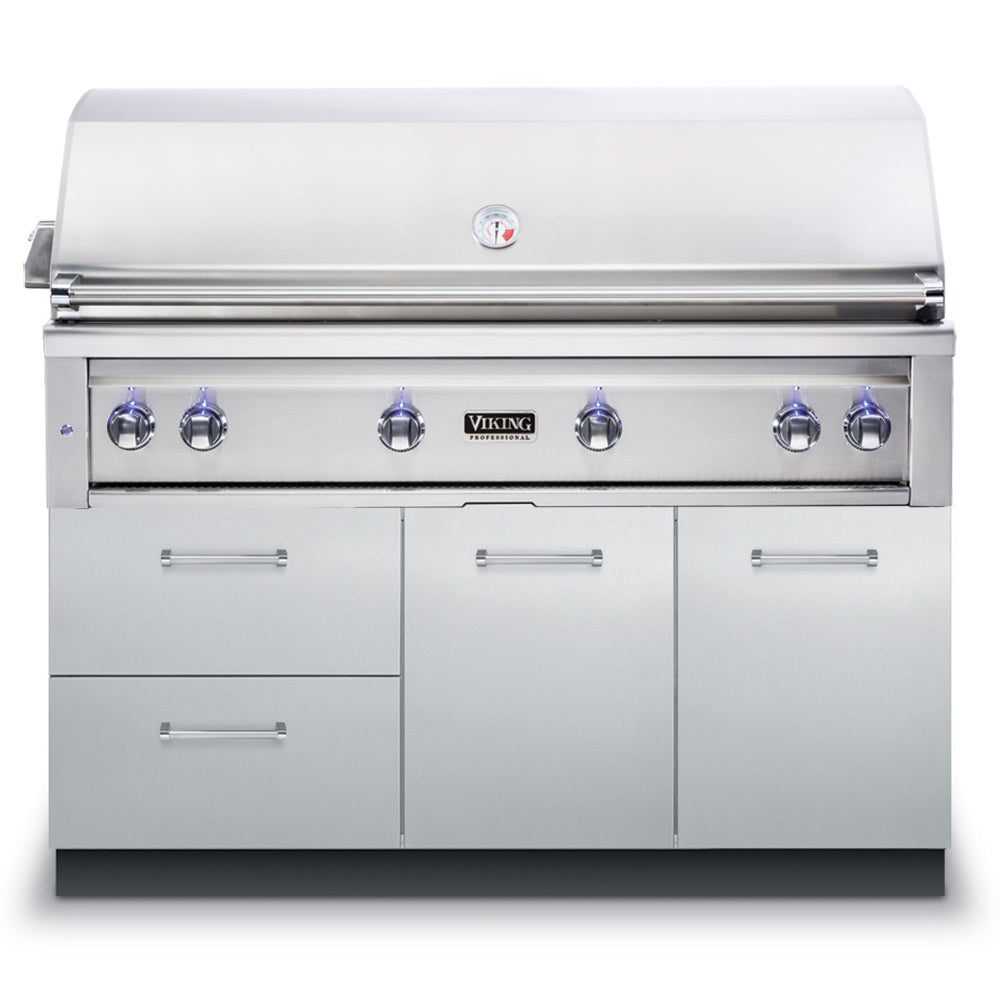 Stainless steel gas grill with side cabinet doors and front control knobs