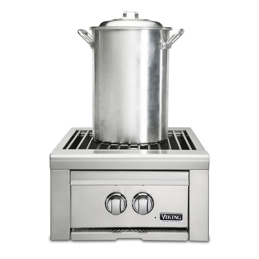 Built-in stainless steel gas burner with two front control knobs and raised cooking grate