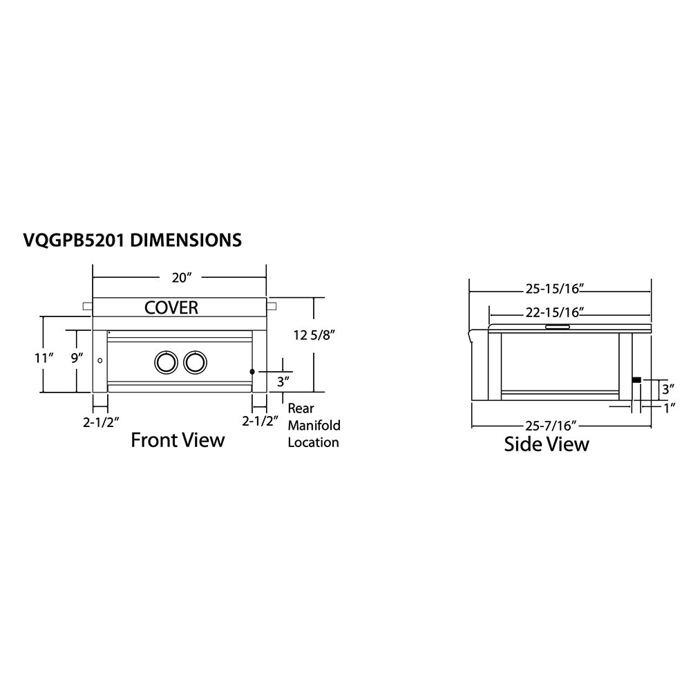 Gas burner dimensions diagram with front and side measurements