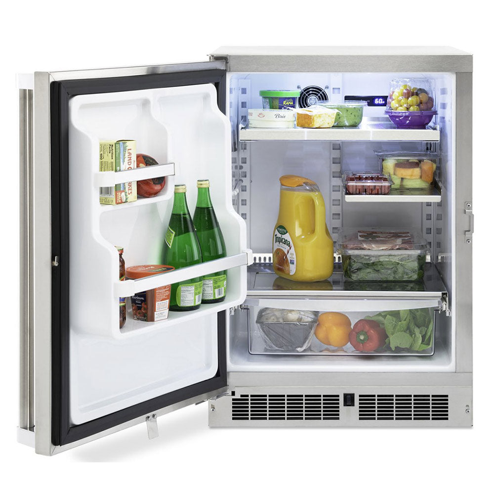 Undercounter refrigerator with open door and stocked shelves with bottles and produce