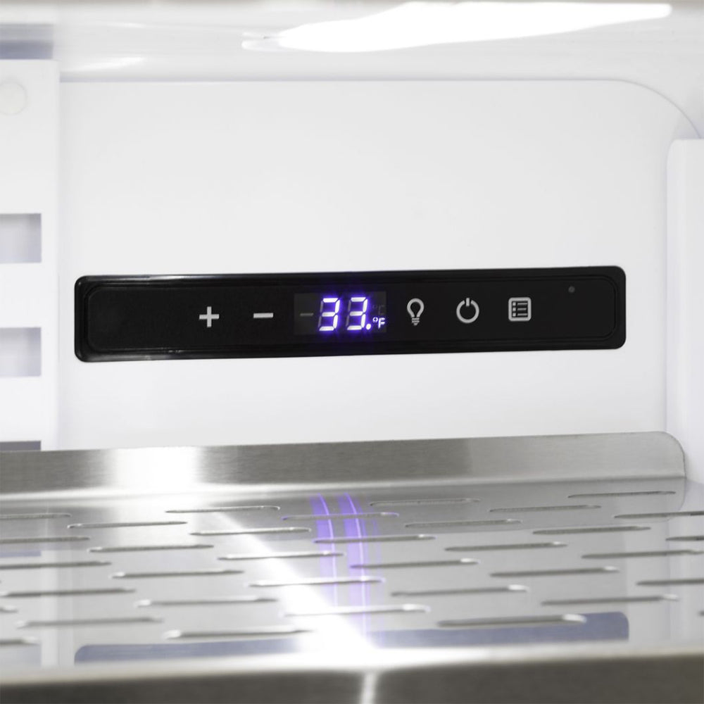Undercounter refrigerator control panel with blue digital temperature display