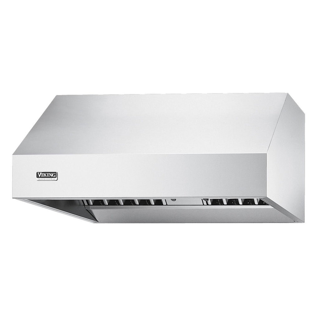 Stainless steel ventilation hood with angled canopy and vented underside, side view