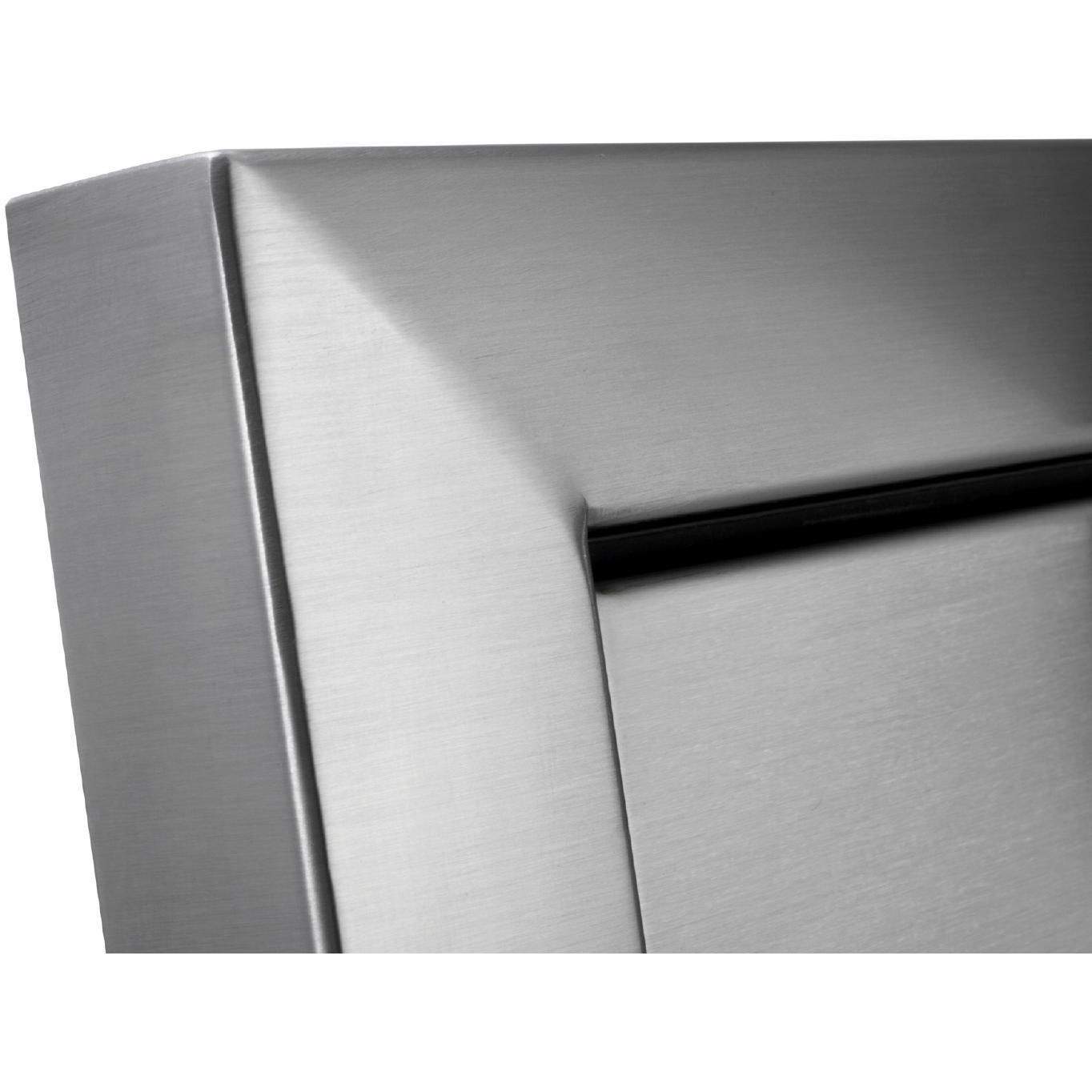 Stainless gray pantry cabinet corner with recessed door frame and beveled edges.
