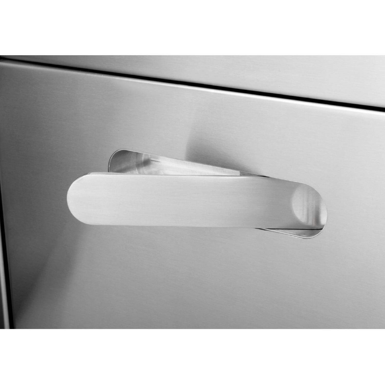 Stainless gray pantry door handle with smooth curved bar pull.