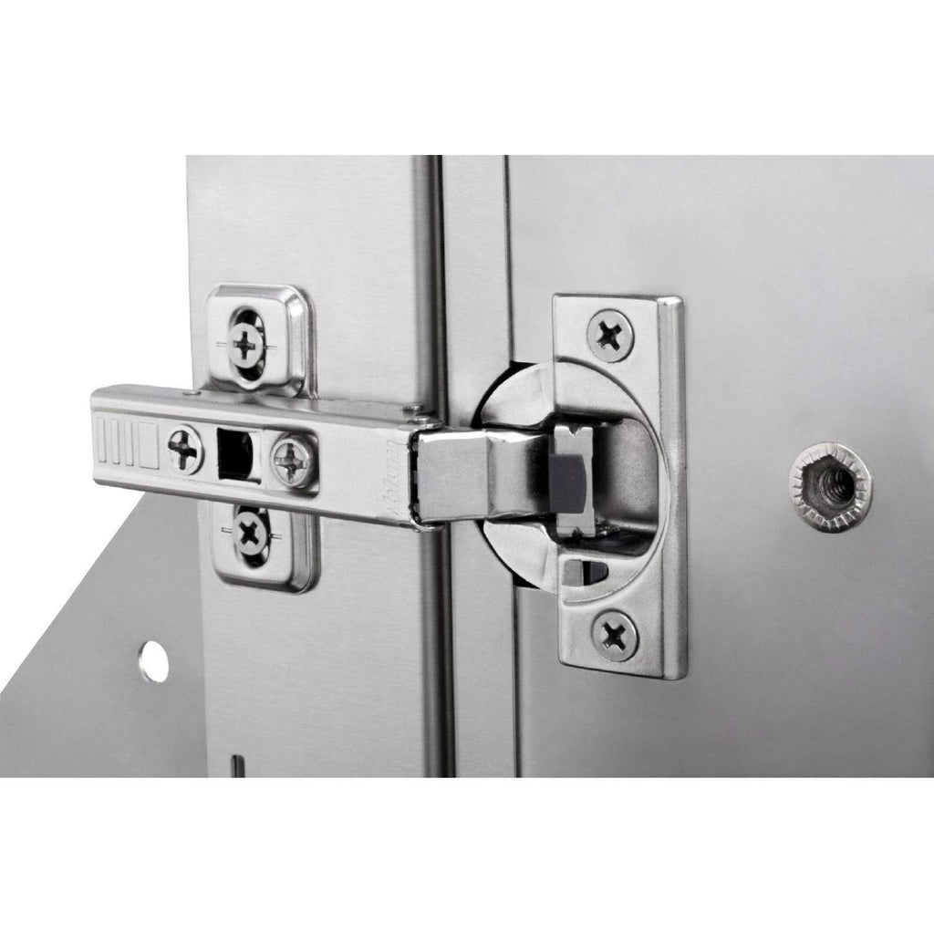 Pantry cabinet door hinge with latch hardware and mounting screws, stainless finish.