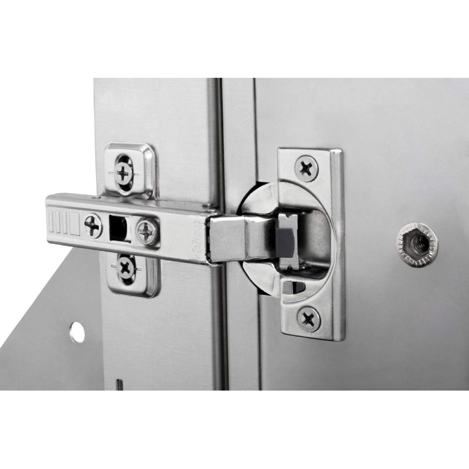 Reversible hinge and latch hardware on stainless steel storage door