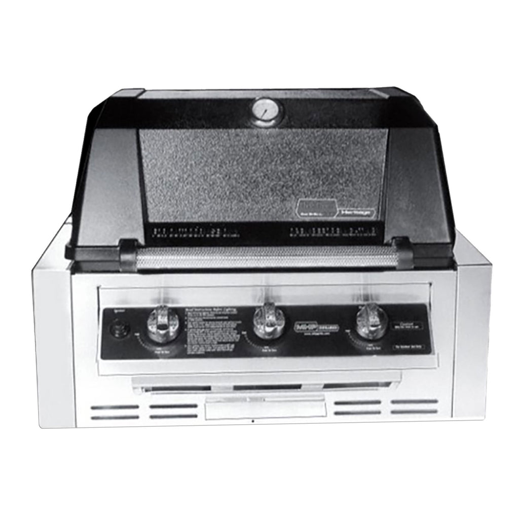 Built-in gas grill with lid and front control panel, stainless steel finish