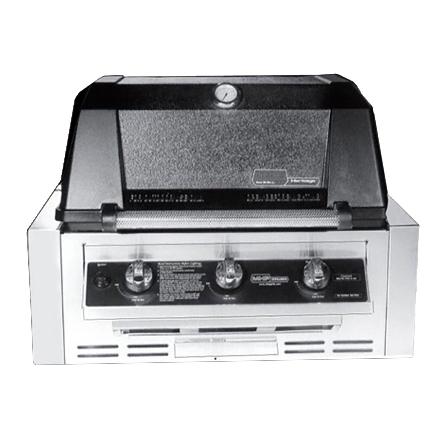 Built-in gas grill with lid and front control panel, stainless steel finish