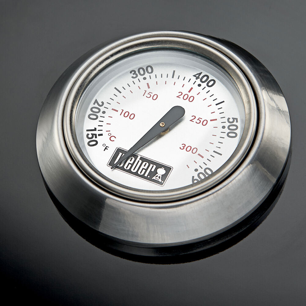 Charcoal grill lid thermometer with temperature dial in stainless bezel