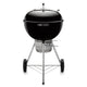 22-inch charcoal grill with black lid and stand, side vent handles, and wheels