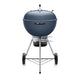 22-inch charcoal grill with slate-blue lid and stand, side vents, and front wheels