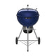 22-inch charcoal grill with blue lid and stand, side vents, and front wheels