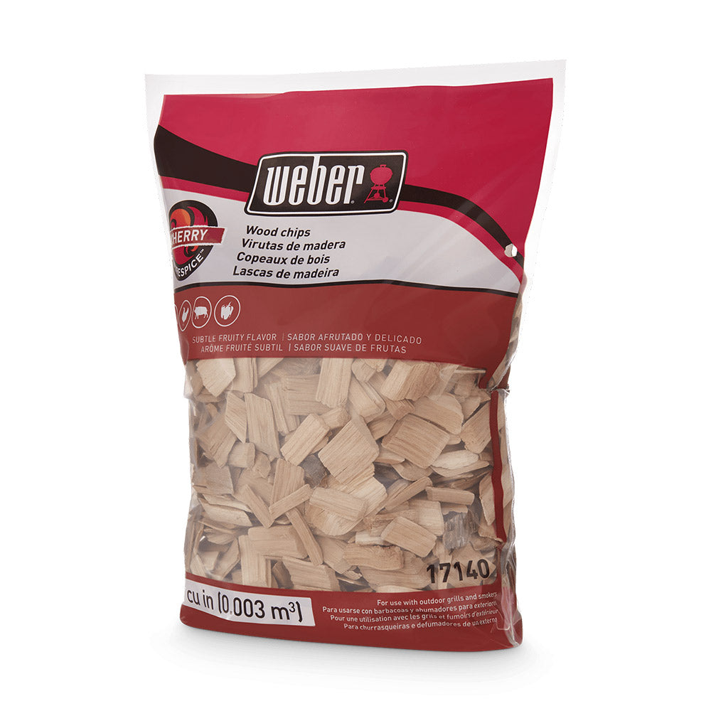Weber cherry wood chips bag with light tan wood chips inside