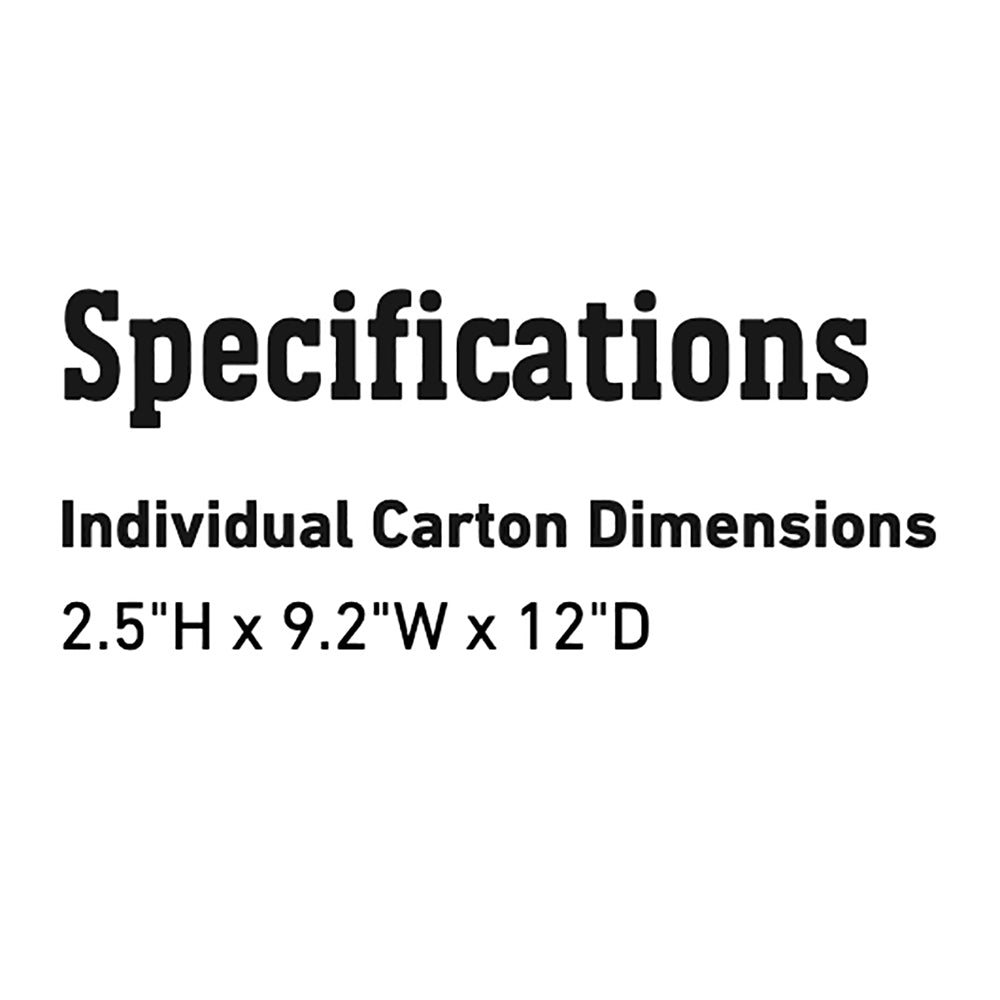 Specifications card: Individual carton dimensions 2.5 in H x 9.2 in W x 12 in D