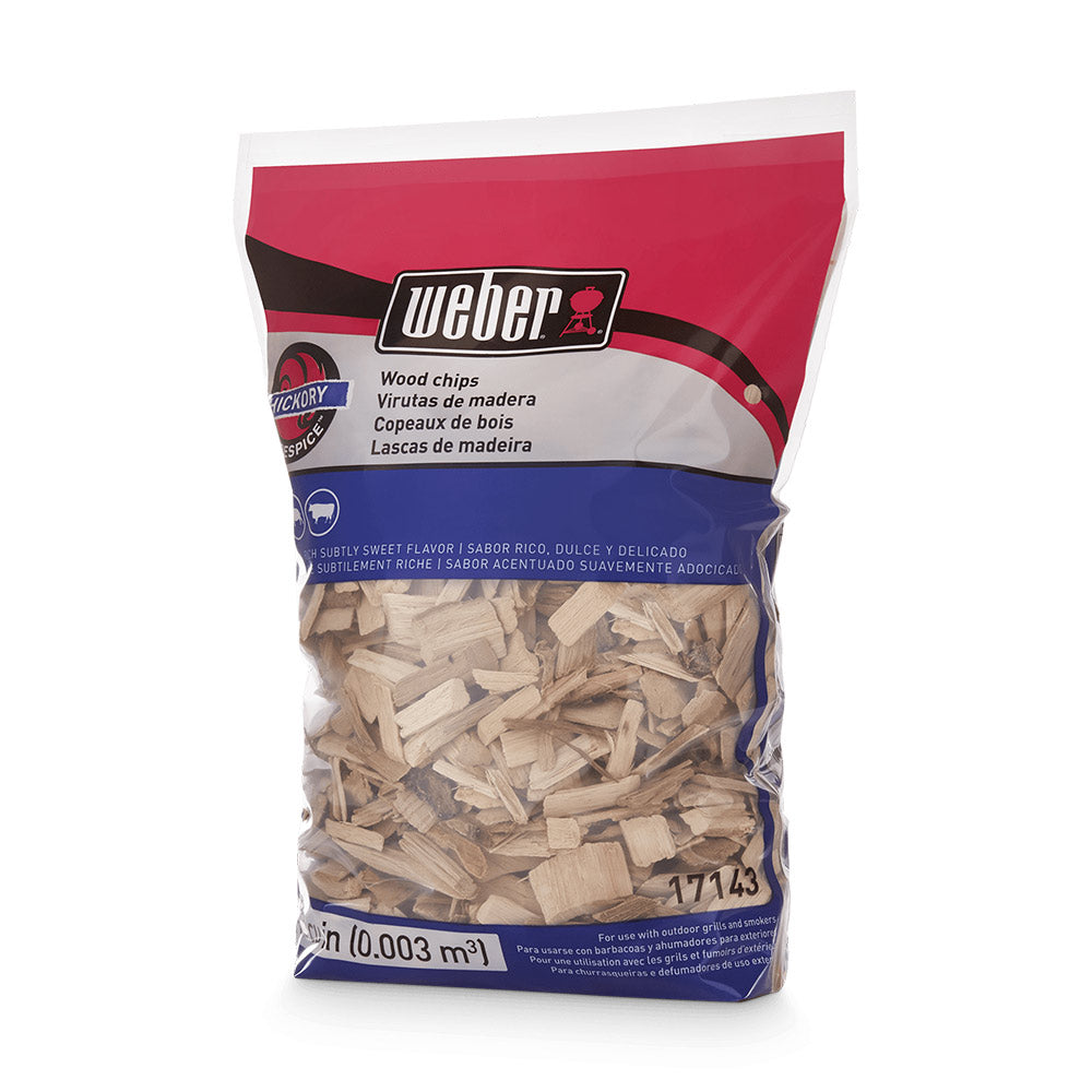 Weber hickory wood chips bag, filled with light tan wood pieces