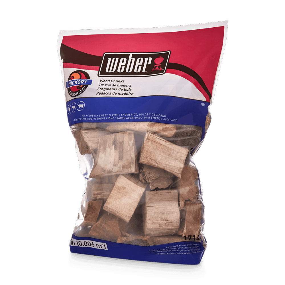 Weber hickory wood chunks bag with brown wood pieces inside