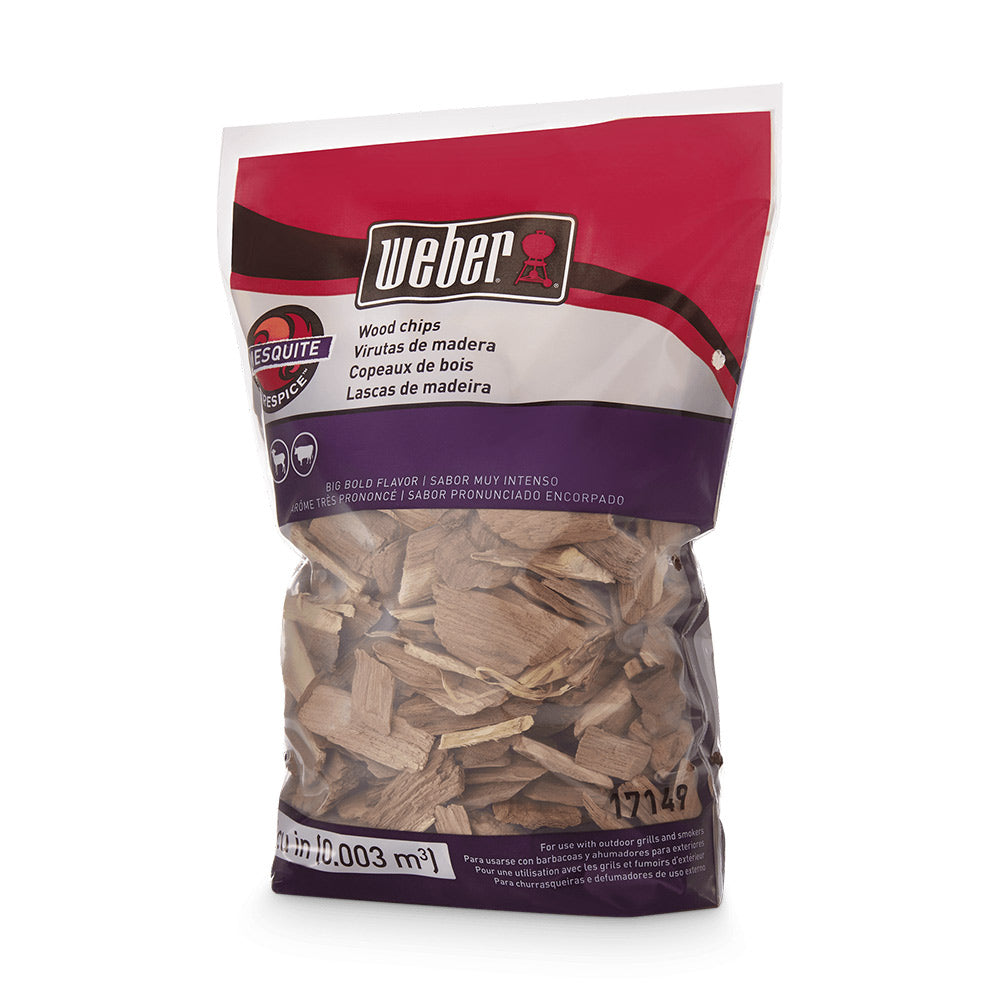 Weber mesquite wood chips bag with red and purple label