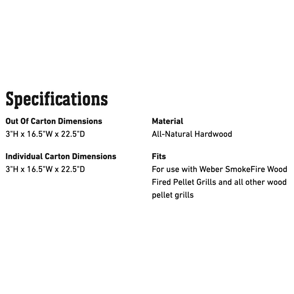 Hardwood pellet specs panel: all-natural hardwood, 3" x 16.5" x 22.5"