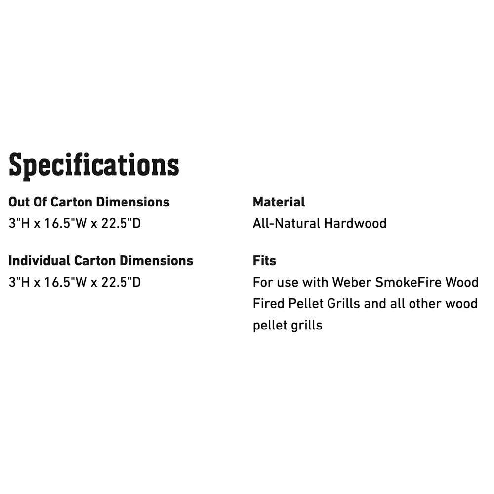 Hardwood pellet specifications panel with dimensions and all-natural hardwood
