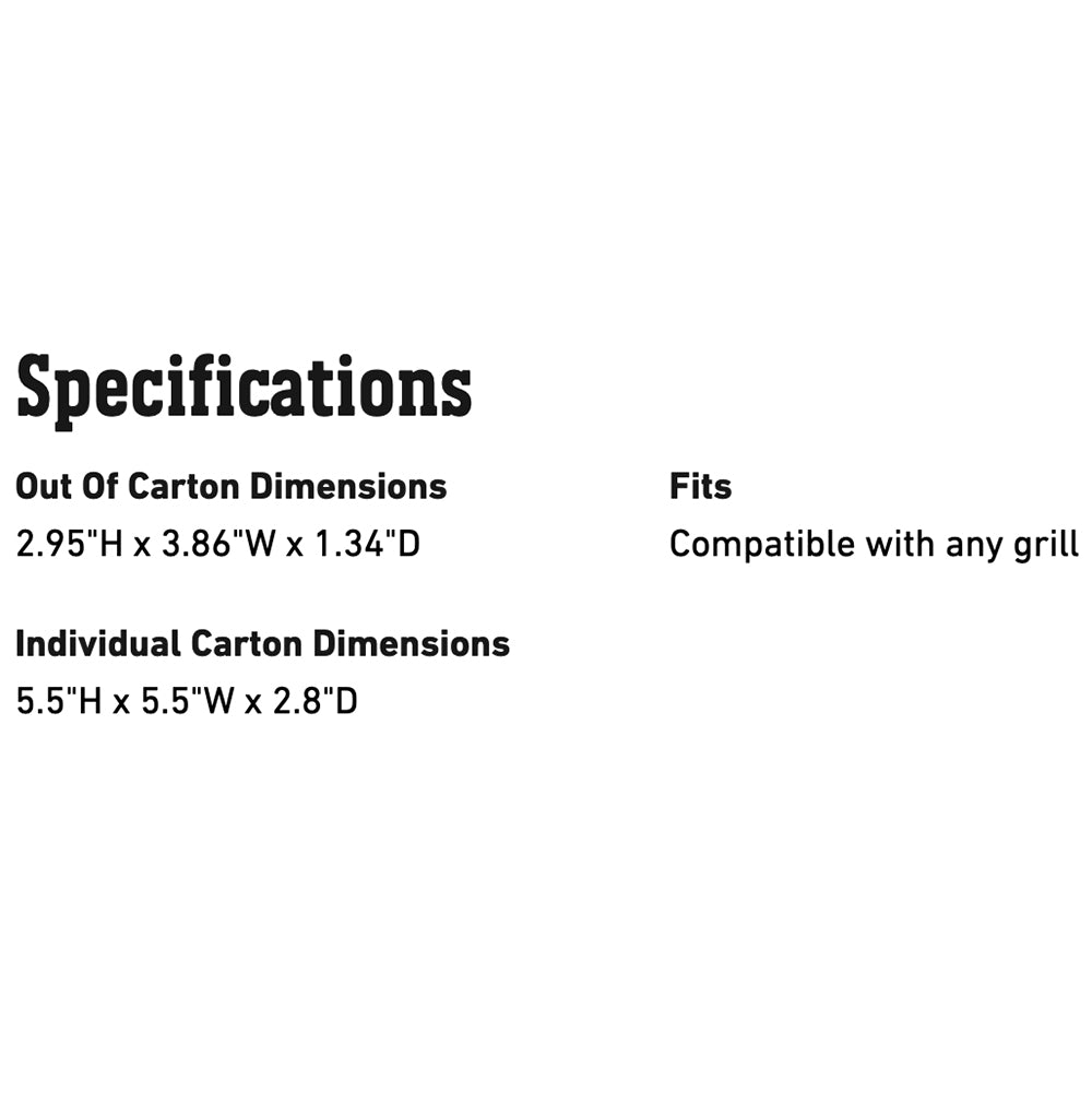Specifications for smart grilling hub showing compatible grill and carton dimensions
