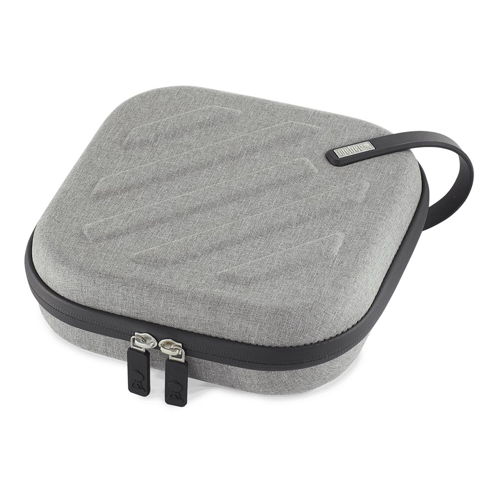 Gray storage travel case with black zipper, carry handle and front clasps