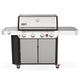 Stainless steel gas grill with side shelf, four control knobs, and two front doors