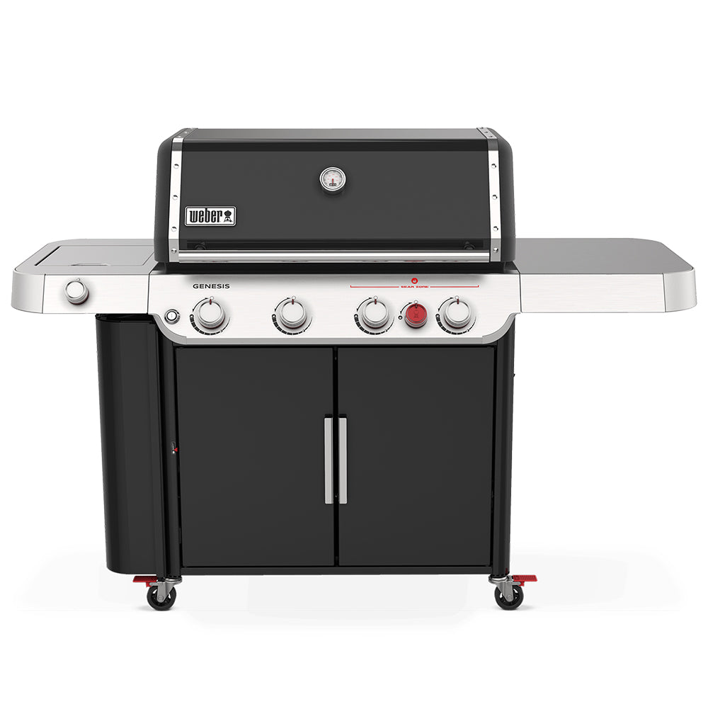 Black Weber Genesis 4-burner gas grill with sear and side burners, front controls visible