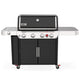 Black Weber Genesis 4-burner gas grill with sear and side burners, front controls visible