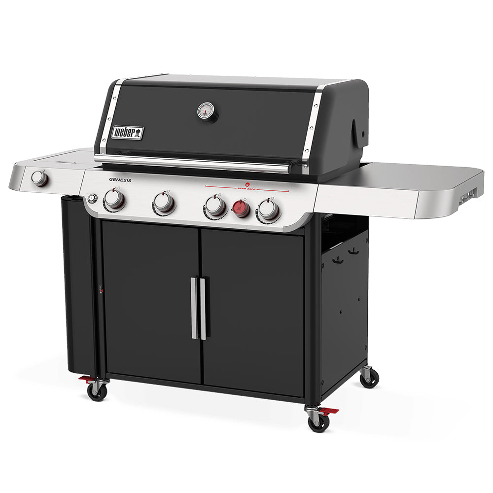 Stainless Weber Genesis 4-burner gas grill with side burner, front knobs and lid closed