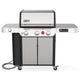 Freestanding gas grill with stainless lid, control knobs, and light doors on black base