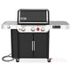 Freestanding gas grill with stainless lid, control knobs, and black cabinet doors