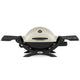 Portable propane grill with side tables, light lid and black base
