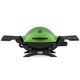 Portable propane grill with side tables, green lid and black base
