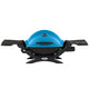 Portable propane grill with side tables, blue lid and black base